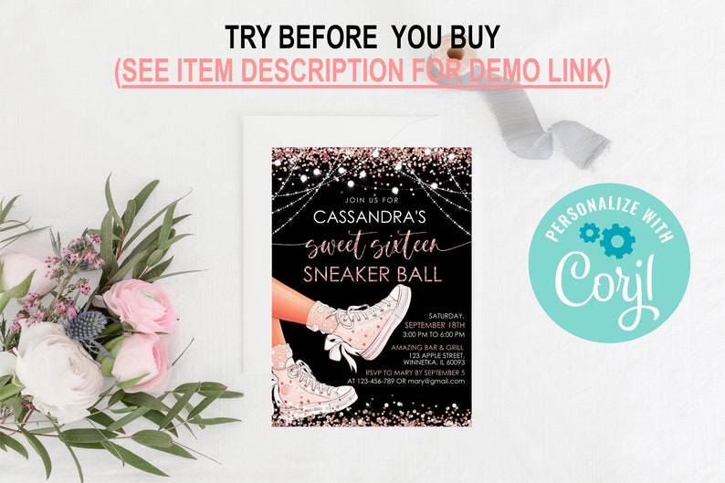 May include: A black and pink invitation for a sweet sixteen sneaker ball. The invitation features a pair of pink sneakers with glitter and a rose gold design. The text on the invitation reads "Join us for Cassandra's Sweet Sixteen Sneaker Ball".