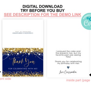 Editable Blue Gold Thank You Card PRINTABLE Gold Glitter Birthday Thank ...