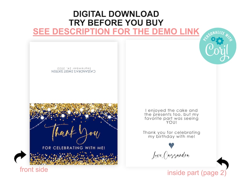 Editable Blue Gold Thank You Card PRINTABLE Gold Glitter Birthday Thank ...