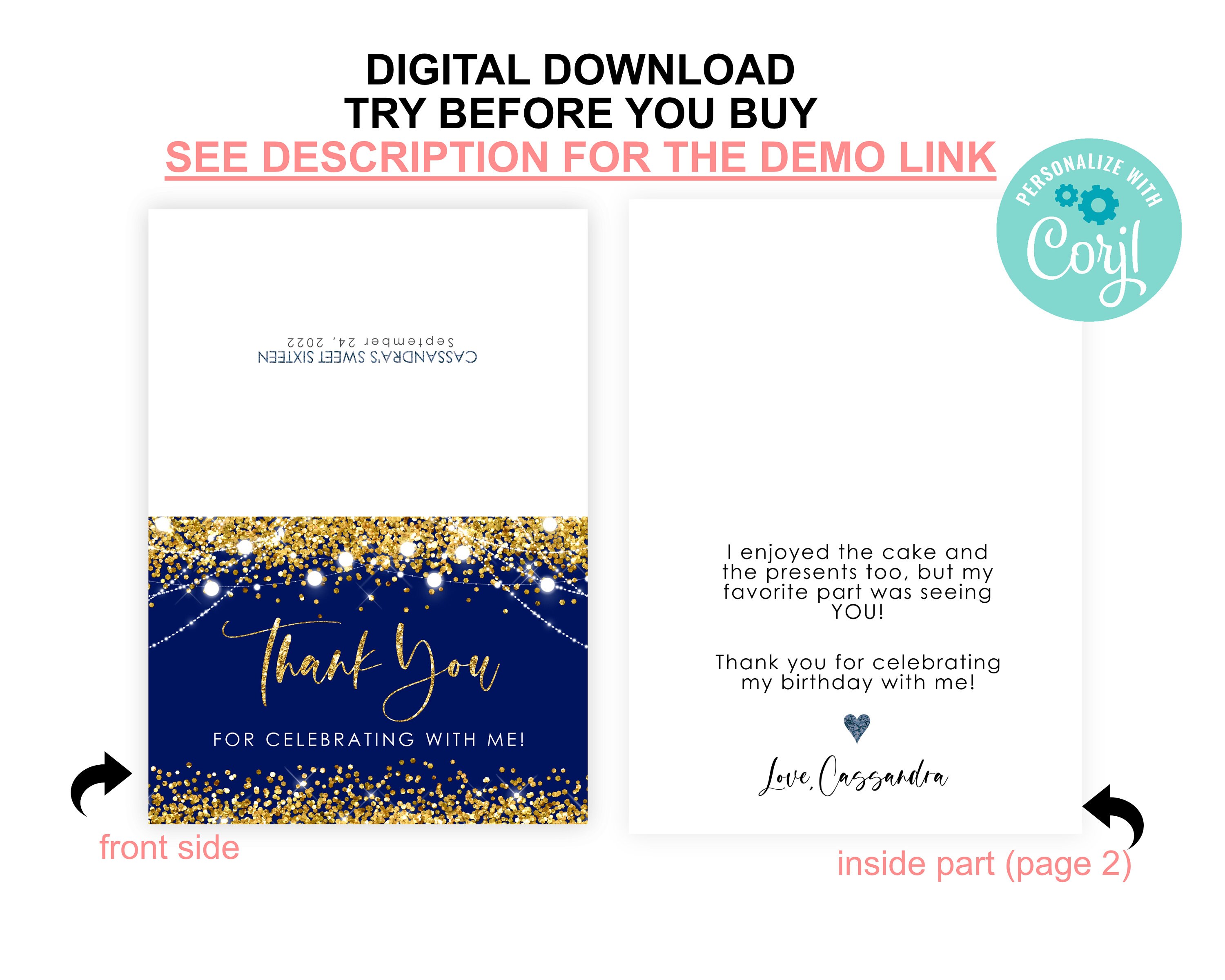 Editable Blue Gold Thank You Card PRINTABLE Gold Glitter Birthday Thank ...