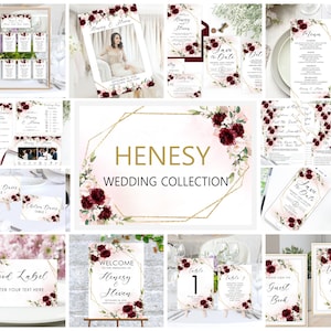May include: A wedding invitation suite with a burgundy and blush floral design. The suite includes a save the date card, invitation, RSVP card, menu, and table number cards. The text on the invitation reads "Henesy & Heven".