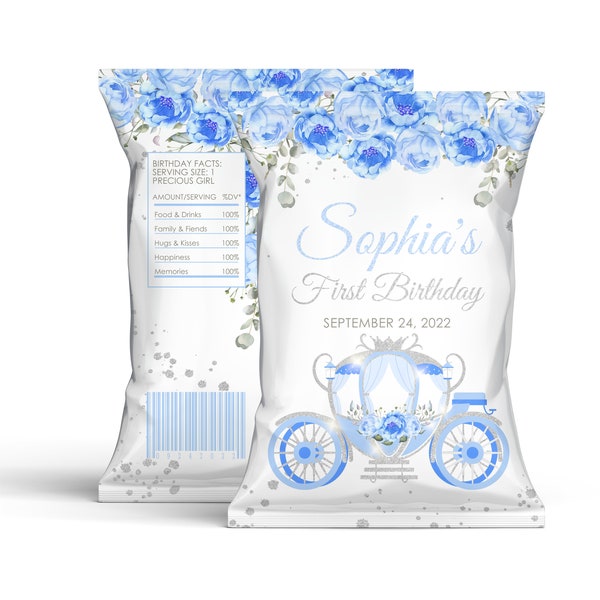 Editable Princess Chip Bag Label Blue Silver Enchanted Fairytale Girl Snack Pack Birthday Favor Printable Digital Download Corjl Template