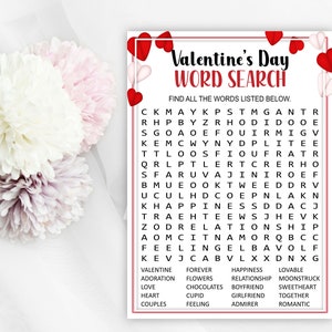 May include: A printable Valentine's Day word search puzzle with red hearts in the corners. The puzzle features words related to love, romance, and Valentine's Day, such as "love", "heart", "forever", "cupid", "relationship", "sweetheart", "adoration", "flowers", "boyfriend", "girlfriend", "happiness", "together", "feeling", "admirer", and "romantic".