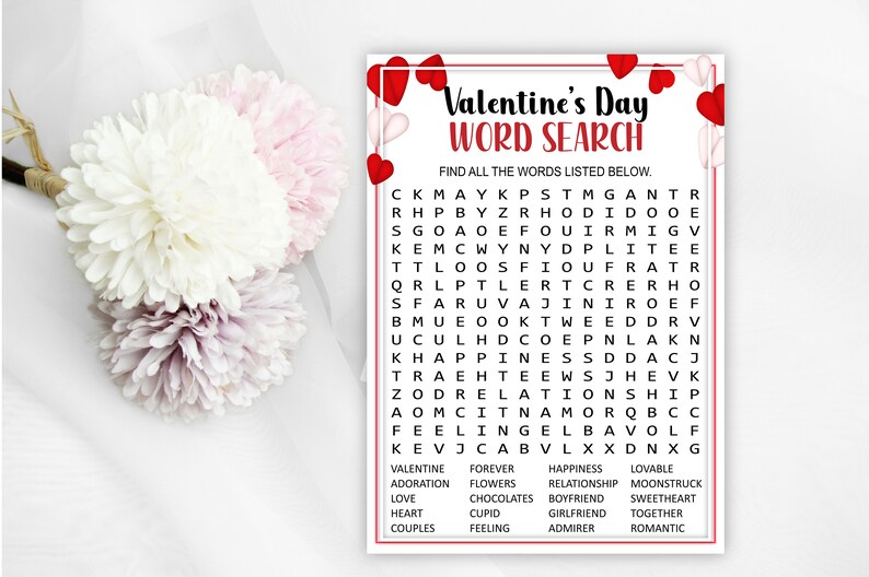 May include: A printable Valentine's Day word search puzzle with red hearts in the corners. The puzzle features words related to love, romance, and Valentine's Day, such as "love", "heart", "forever", "cupid", "relationship", "sweetheart", "adoration", "flowers", "boyfriend", "girlfriend", "happiness", "together", "feeling", "admirer", and "romantic".