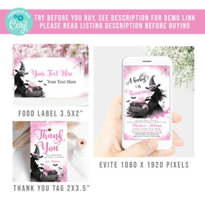 Puede incluir: Una invitaci&oacute;n digital rosa y negra para un baby shower. La invitaci&oacute;n presenta una silueta de una bruja embarazada con un caldero y murci&eacute;lagos. El texto dice "&iexcl;Un beb&eacute; est&aacute; en camino!" y "Por favor, &uacute;nase a nosotros para una fiesta de bienvenida al beb&eacute; en honor a la futura mam&aacute; Morticia Addams".