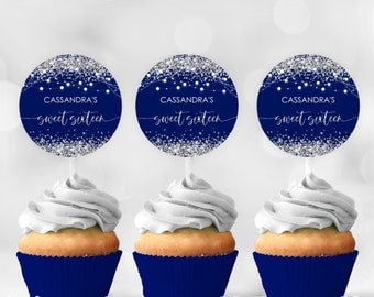 Toppers cupcake argento blu modificabili Sweet Sixteen Etichette per bomboniere compleanno etichetta toppers cupcake glitter argento STAMPABILE Modello Corjl digitale