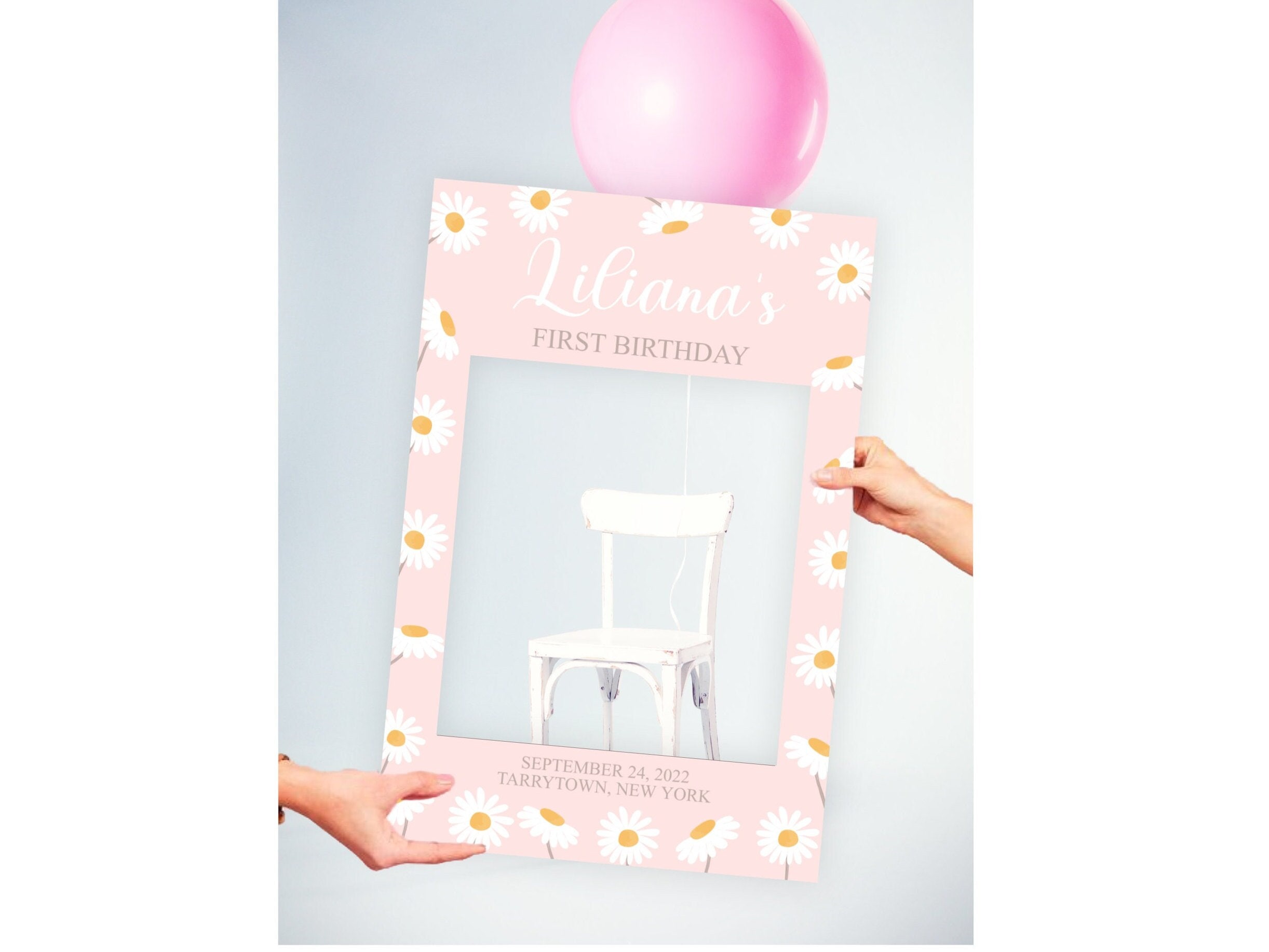 Editable Daisy Birthday Girl Photo Booth Frame Photo Prop Pink White Daisy Boho Party DIY Selfie Frame Corjl Template Digital