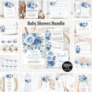 Editable Blue Floral Baby Shower Bundle, Botanical Baby Sprinkle Invitation, Baby in Bloom Baby Shower Welcome Sign, Blue Flower Baby Shower