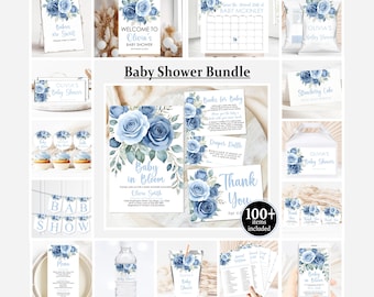 Blue Floral Baby Shower Bundle: Editable Invitation, Games, Sign (Digital Download)