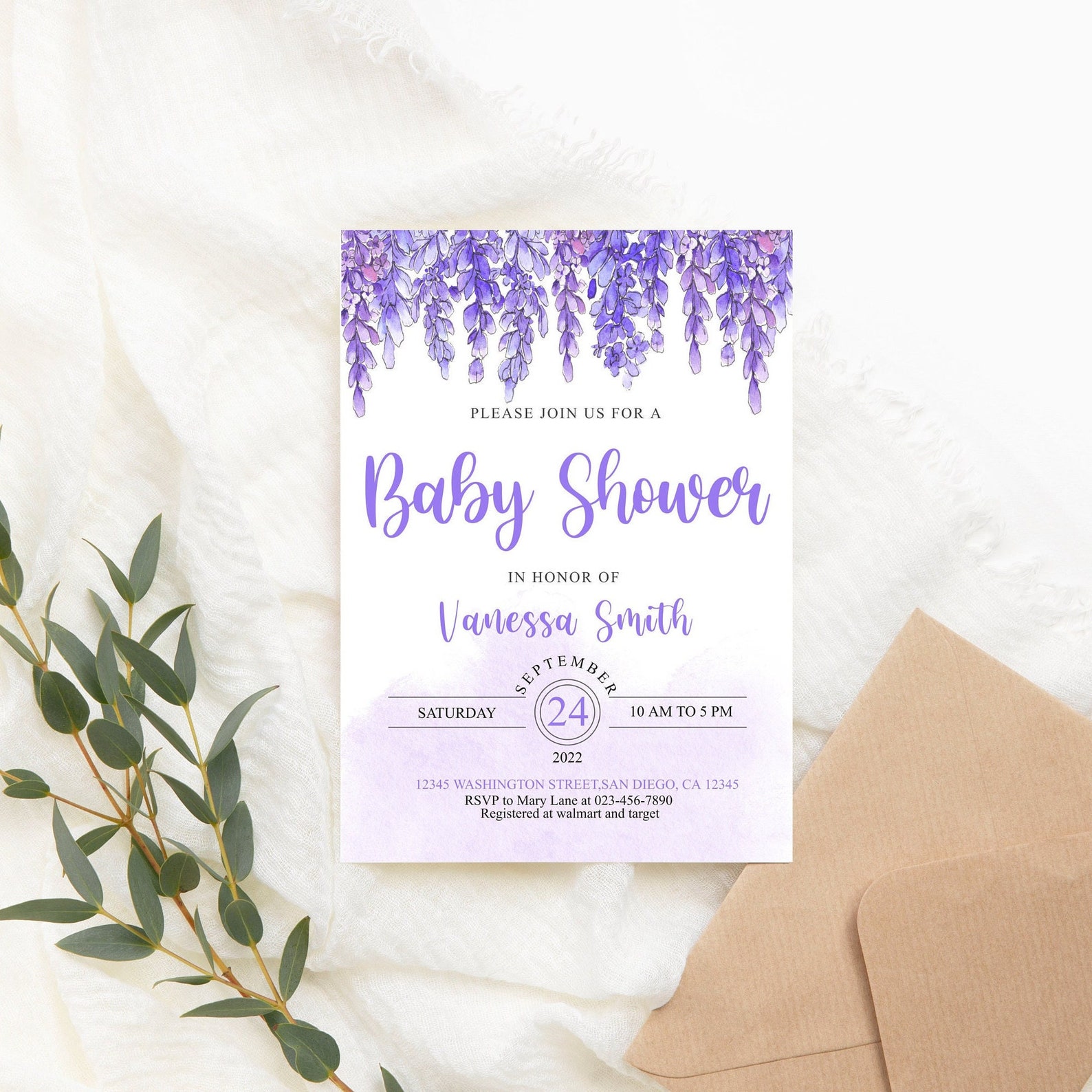 Editable Lavender Baby Shower Invitation Purple Baby Shower Etsy