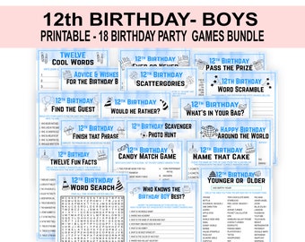 Op de afbeelding: Een set van 18 printbare feestspellen voor een 12e verjaardag. De spellen zijn ontworpen in een blauw-wit kleurenschema en bevatten een verscheidenheid aan thema's, waaronder "Vind de gast", "Zou hij liever?", "Scattergories", "Geef de prijs door", "Woordscramble", "Wat zit er in je tas?", "Maak deze zin af", "Twaalf leuke weetjes", "Woordzoeker", "Fotospeurtocht", "Snoepjes-matchspel", "Noem deze taart", "Gelukkige verjaardag over de hele wereld" en "Jongere of oudere".