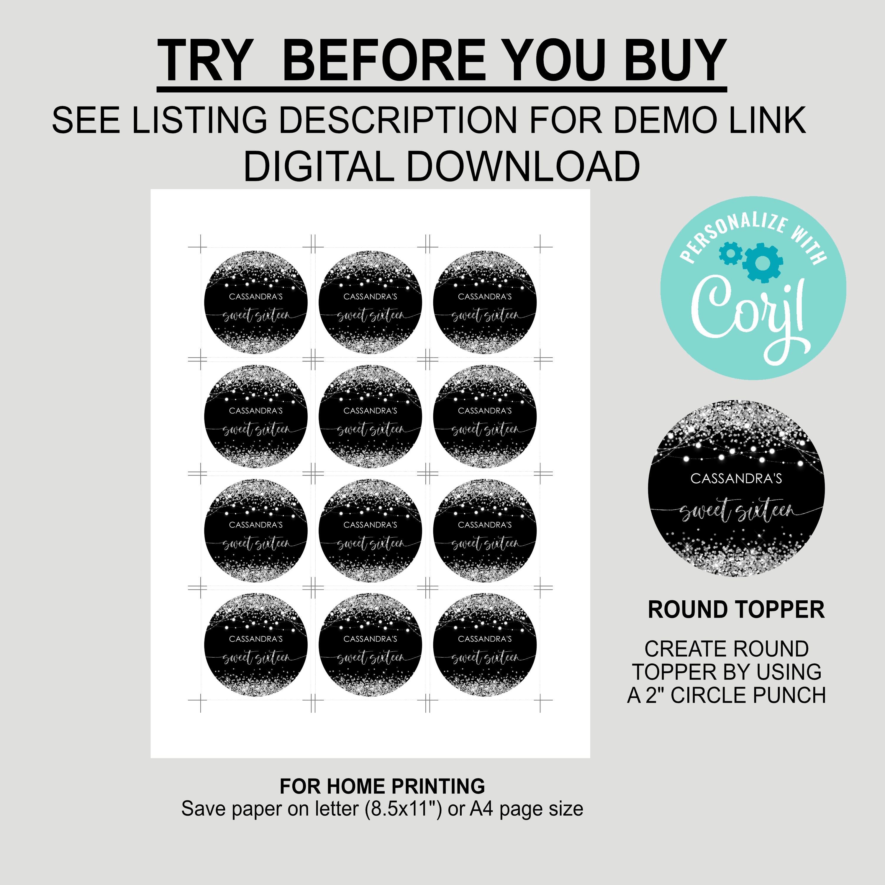 Round Rilver Template Editable Silver Black Cupcake Toppers Birthday Favor Tags Glitter ...