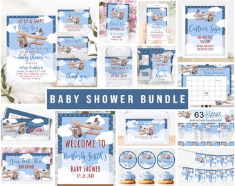 Editable Airplane Baby Shower Invitation Bundle Template Baby Shower Party Blue Boy Adventure Invite Set Digital Download PRINTABLE Corjl