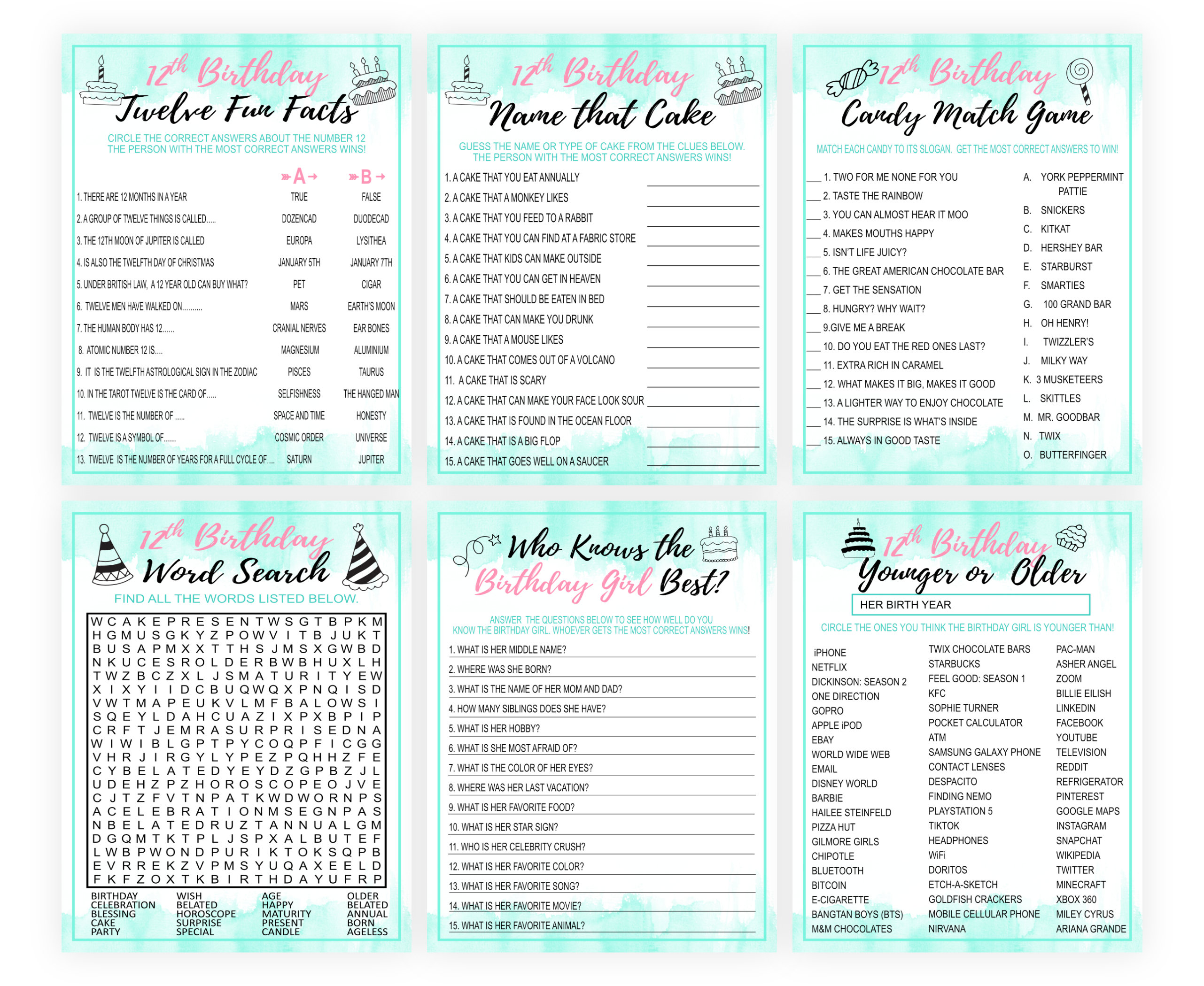 12th Birthday Party Games for Girls, Twelve Birthday Game , Birthday Party  Games, Fun Birthday Games, Birthday Bundle Games, PRINTABLE, Mint 