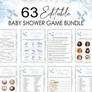 Paquete de juegos editables para baby shower de viajes Mapa del mundo Baby Shower La aventura en avión azul te espera Plantilla Corjl para descargar digitalmente e imprimible