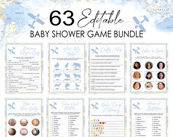 Editable Travel Baby shower games bundle World Map Baby Shower Blue Airplane adventure awaits Printable Digital Download Corjl Template