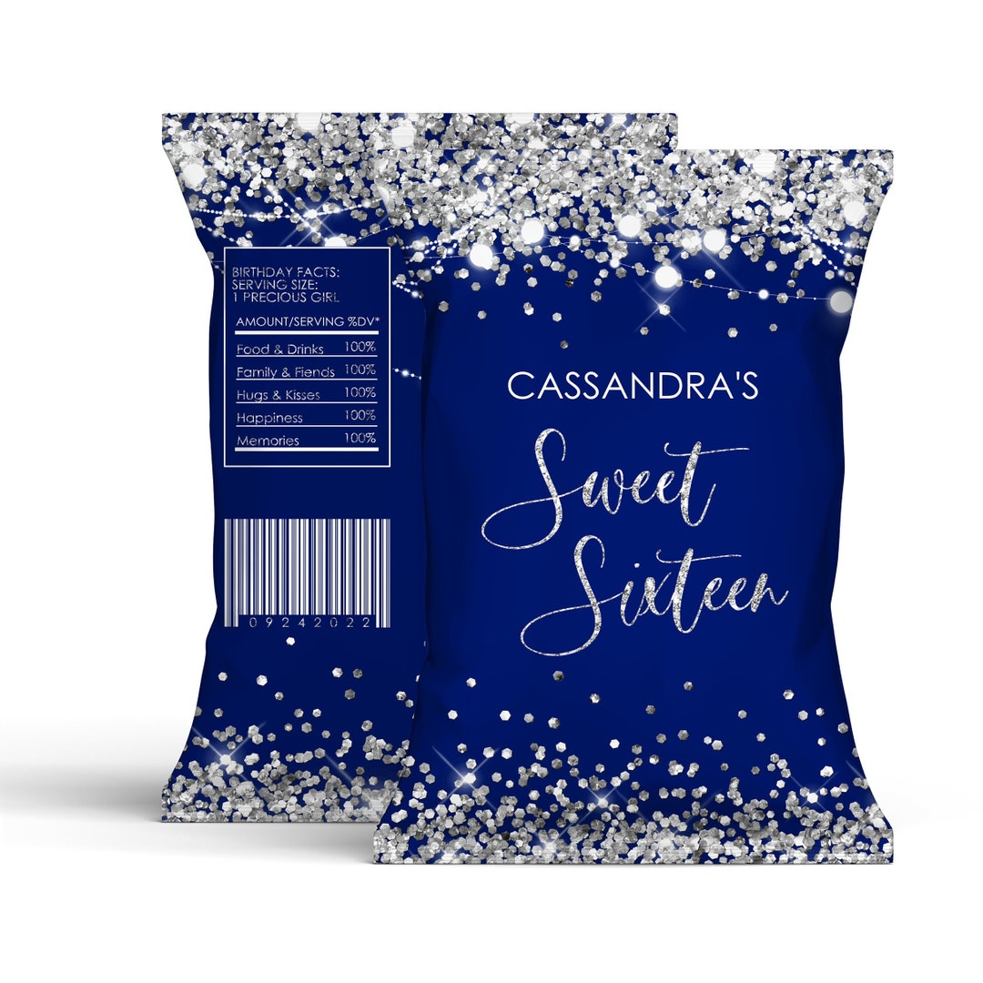 Editable Silver Blue Chip Bag Label PRINTABLE Silver Glitter Chip Bag