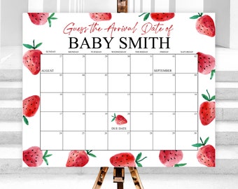 Editable Strawberry Baby Due Date Calendar Game Guess Baby's Birth Date Baby Shower Due Date Guessing Game Digital Corjl Template PRINTABLE