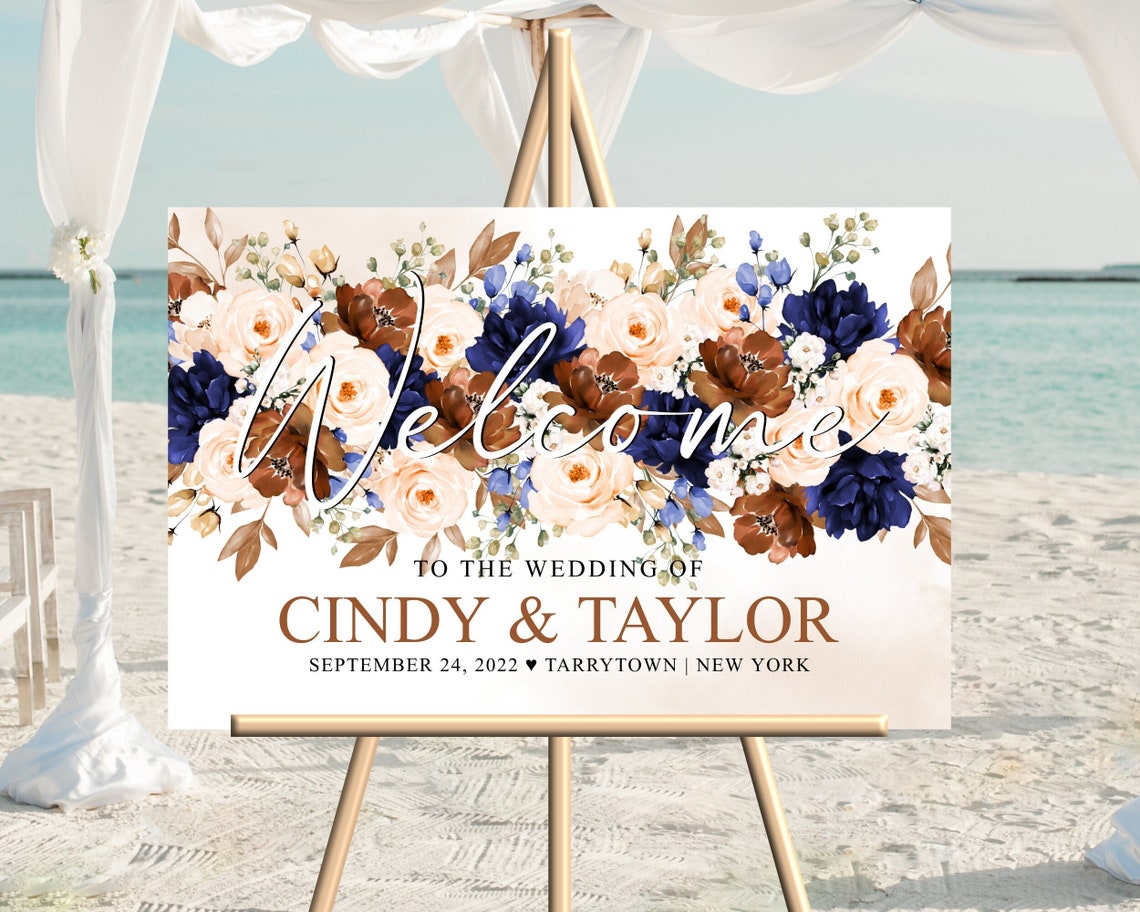 Editable Orange Navy Blue Welcome Sign Burnt Orange Wedding image 1