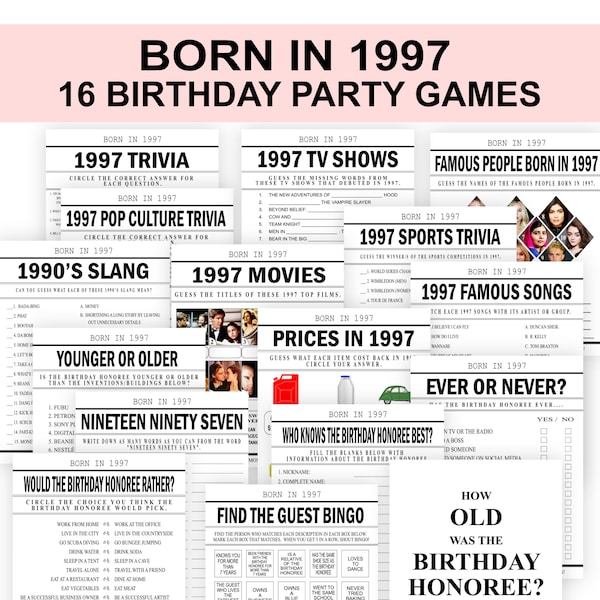 27th Birthday Party Games Born in 1997 Birthday Games Bundle 1997 Trivia fun 27th party men women PRINTABLE Download Back in 1997 games