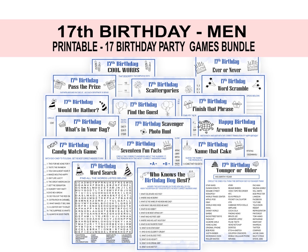 17th Birthday Party Games for Men, Seventeenth Birthday Game, Birthday