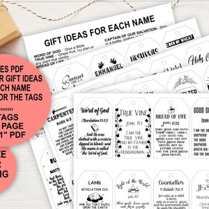 May include: Printable gift tags with Christian themes. The tags feature various Bible verses and titles for Jesus, such as "Word of God", "True Vine", "Bread of Life", "Good Shepherd", and "King of Kings". The tags are designed to be printed on 8.5x11 inch paper and trimmed to 2x3.5 inches.