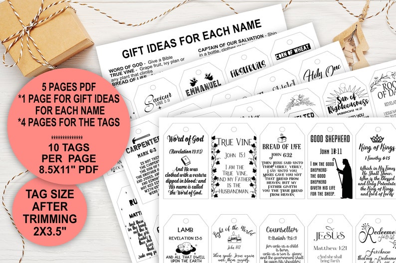 May include: Printable gift tags with Christian themes. The tags feature various Bible verses and titles for Jesus, such as "Word of God", "True Vine", "Bread of Life", "Good Shepherd", and "King of Kings". The tags are designed to be printed on 8.5x11 inch paper and trimmed to 2x3.5 inches.