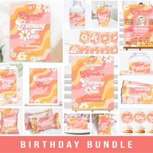 May include: A birthday party printable bundle with a groovy theme. The bundle includes a welcome sign, invitation, food labels, cupcake toppers, and a custom sign. The colours are pink, orange, and yellow with white daisies.