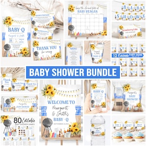 Editable BBQ Baby Shower Invitation Bundle, Boy Coed Baby-Q Blue Barbecue Editable Corjl Template Welcome Sign Baby Shower Games and Decor