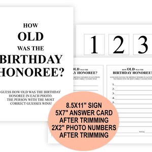 Image displaying the dimensions of the How Old Was the Birthday Honoree sign, the number card, and the answer sheet for the corresponding game.