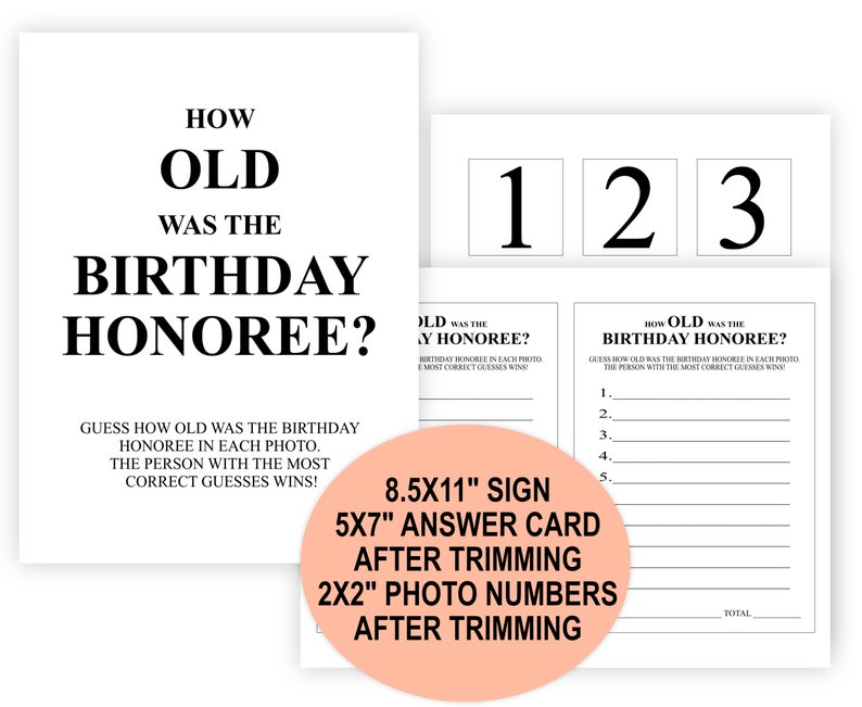 Image displaying the dimensions of the How Old Was the Birthday Honoree sign, the number card, and the answer sheet for the corresponding game.