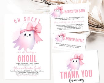 May include: A set of baby shower stationery with a pink ghost theme. The invitation reads "Oh Sheet, we are having a Ghoul" with event details. Additional cards include "Books for Baby," "Diaper Raffle," and "Thank You for Coming."