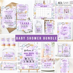 Editable Science Baby Shower Invitation Bundle: Purple Chemistry Theme (Corjl Template)
