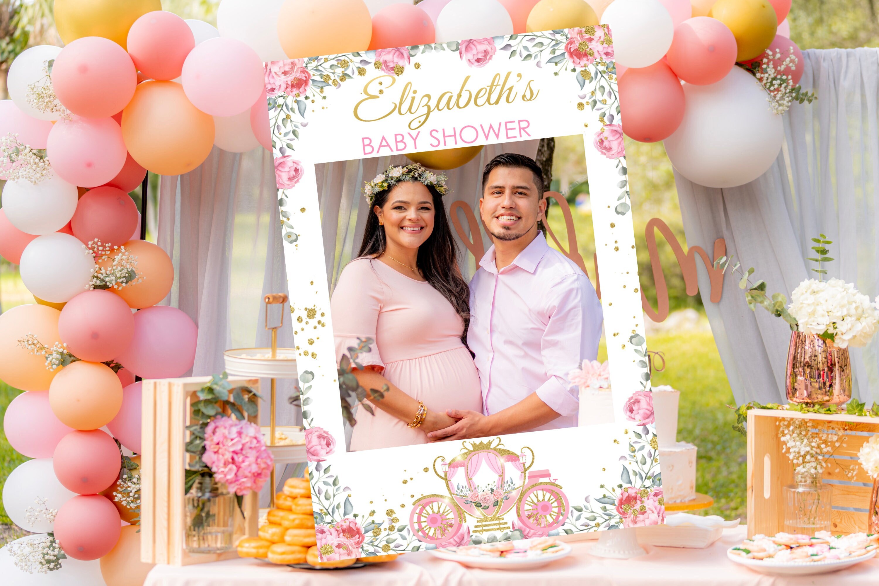 Editable Princess Photo Frame Booth Sign Baby Shower Prop Princess Carriage Pink Flowers Florals PRINTABLE Corjl Digital