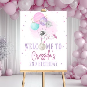 Editable Outer Space Welcome Sign Birthday Party, Galaxy Girl Astronaut, Purple and pink galaxy decor, Planets Digital Printable Template