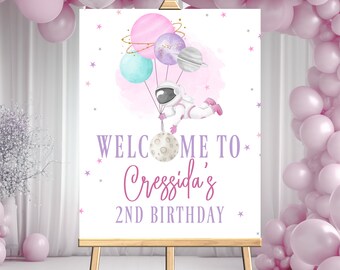Editable Outer Space Welcome Sign Birthday Party, Galaxy Girl Astronaut, Purple and pink galaxy decor, Planets Digital Printable Template