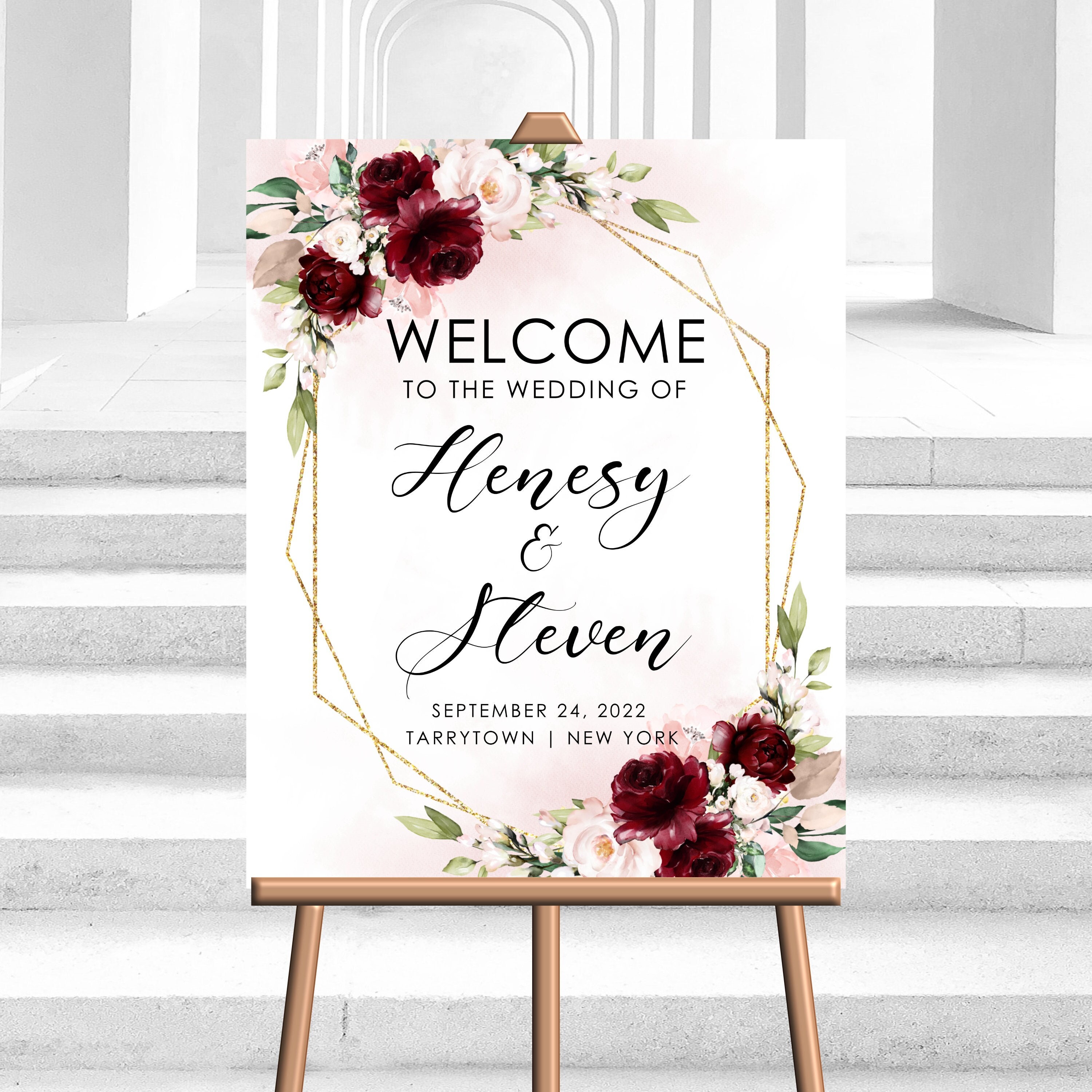 Editable Burgundy Welcome Sign Floral Blush Burgundy Wedding Welcome Sign Decor Display Decoration Digital Download Corjl  Template HENESY