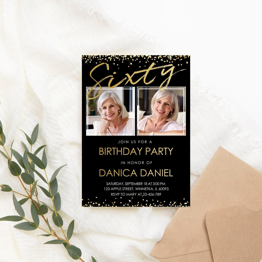 Editable 60th Birthday Invitation Black Gold Glitter Birthday