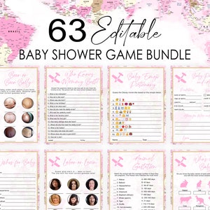 Peut inclure: Ensemble de jeux imprimables pour une baby shower, avec un thème rose et doré. Les jeux incluent "Bière ou Ventre", "Qui connaît le mieux maman ?", "Dictionnaire d'émojis bébé" et "Prédictions et conseils pour bébé". Le texte "63 Ensemble de jeux de baby shower modifiables" est en haut.