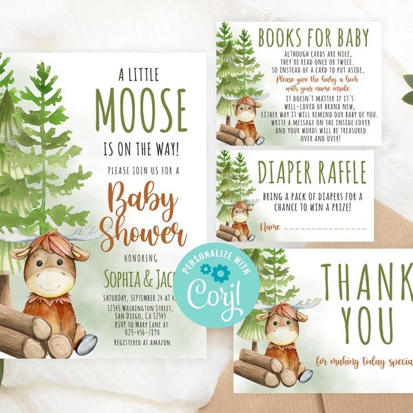 Editable Moose Baby Shower Invitation Set PRINTABLE Antler Charm Gender Neutral Woodland Forest Party Invite Digital Download Corjl Template