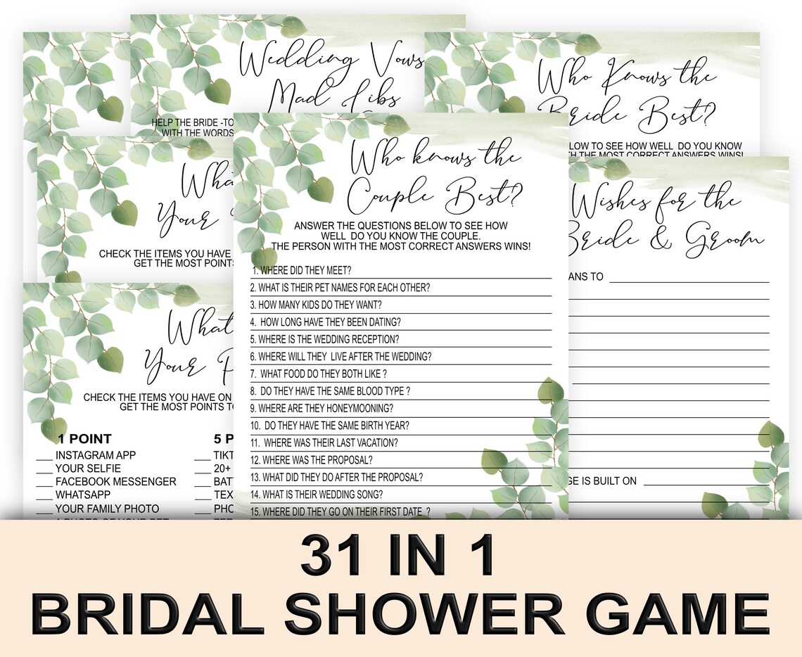 Eucalyptus Bridal Shower Game Bundle Pack Botanical Bridal Etsy