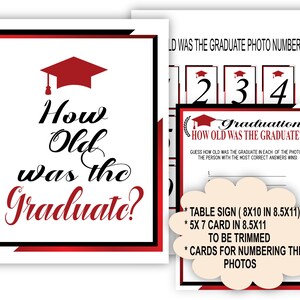 Puede incluir: Un juego imprimible para una fiesta de graduaci&oacute;n. El juego se llama "&iquest;Qu&eacute; edad ten&iacute;a el graduado?" e incluye un letrero de mesa, tarjetas para numerar las fotos y una tarjeta para que los invitados escriban sus conjeturas. El juego est&aacute; decorado con acentos rojos y negros.