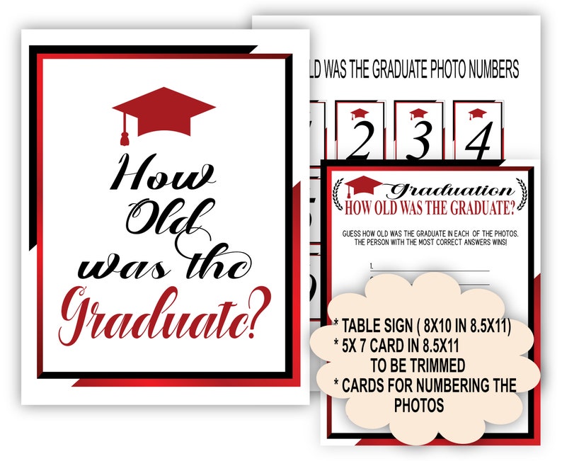 Puede incluir: Un juego imprimible para una fiesta de graduaci&oacute;n. El juego se llama "&iquest;Qu&eacute; edad ten&iacute;a el graduado?" e incluye un letrero de mesa, tarjetas para numerar las fotos y una tarjeta para que los invitados escriban sus conjeturas. El juego est&aacute; decorado con acentos rojos y negros.
