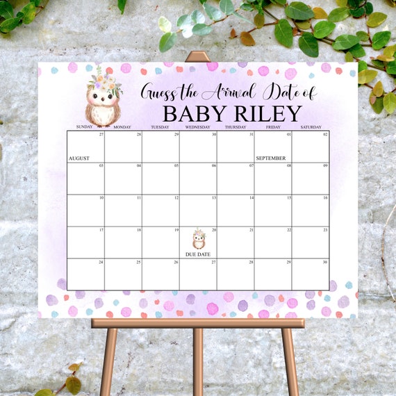 editable-owl-baby-due-date-calendar-game-guess-baby-s-birth-date-baby-shower-purple-due-date-guessing-game-digital-corjl-template-printable-etsy