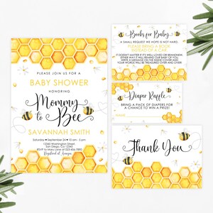 Conjunto editable de baby shower de abeja, invitación de mamá a abeja, tarjeta de agradecimiento de abeja de miel, tarjeta de rifa de pañales y libros para bebé, plantilla de tarjeta Corjl