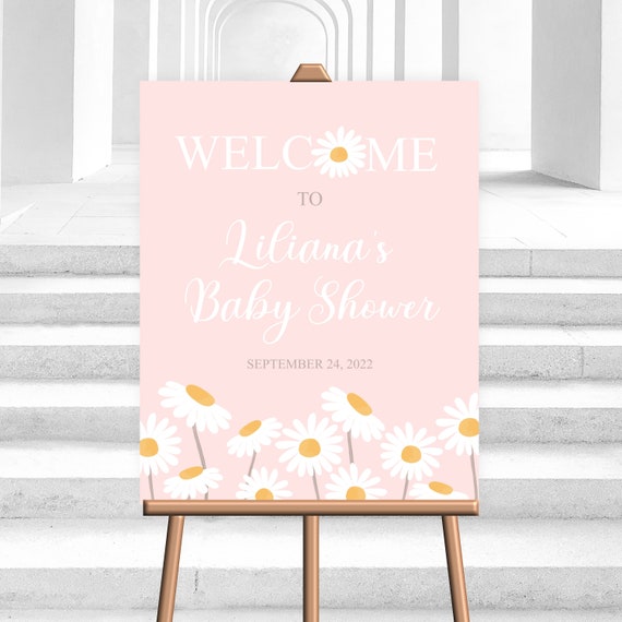 Editable Daisy Welcome Sign, Daisy Boho Theme, Baby Shower Decor, Pink  background