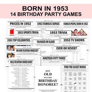 Puede incluir: Un conjunto de 14 juegos de fiesta de cumpleaños imprimibles para alguien nacido en 1953. Los juegos incluyen preguntas de trivia, adivinanzas de precios y un juego de bingo "encuentra al invitado".
