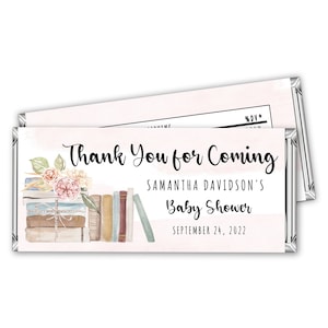 May include: A pink and white thank you favor tag with a stack of books and flowers. The text reads "Thank You for Coming Samantha Davidson's Baby Shower September 24, 2022".