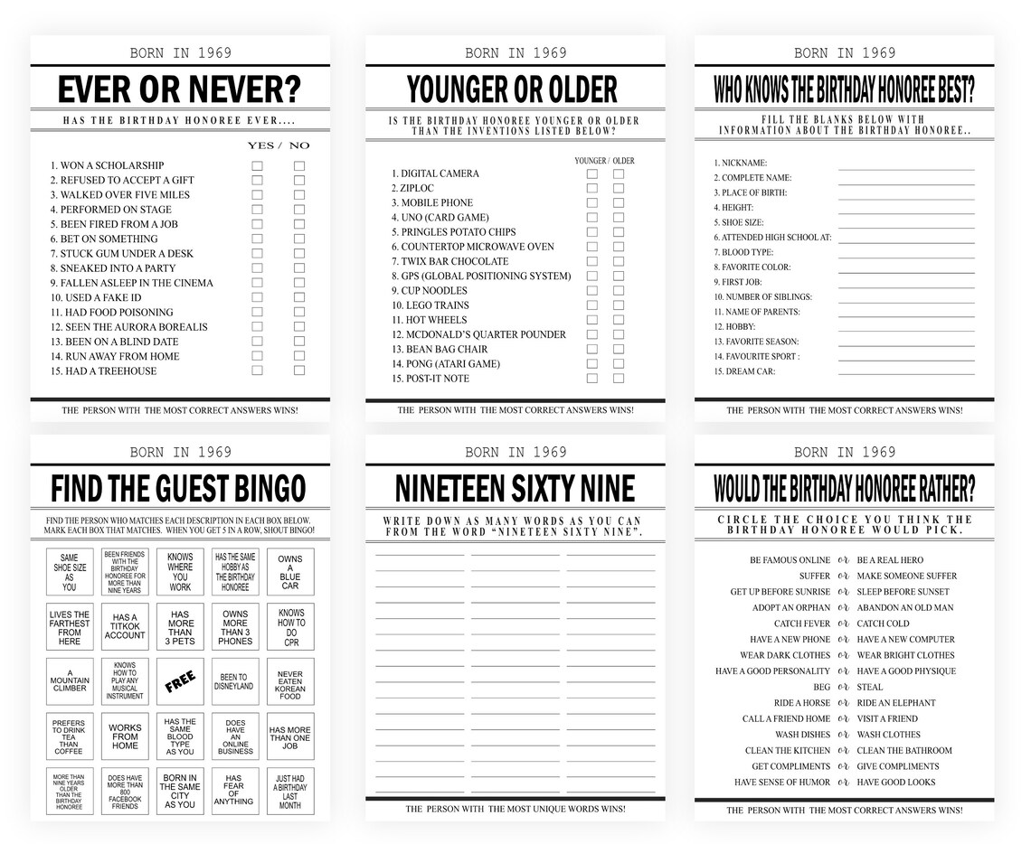 57th Birthday Game, Born in 1969 Fun Activities , 1969 Trivia Quiz, Fun ...