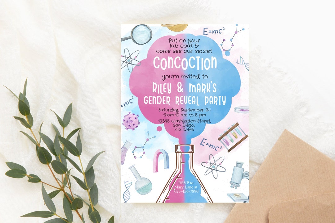 Editable Science Gender Reveal Party Invitation Biology Chemistry